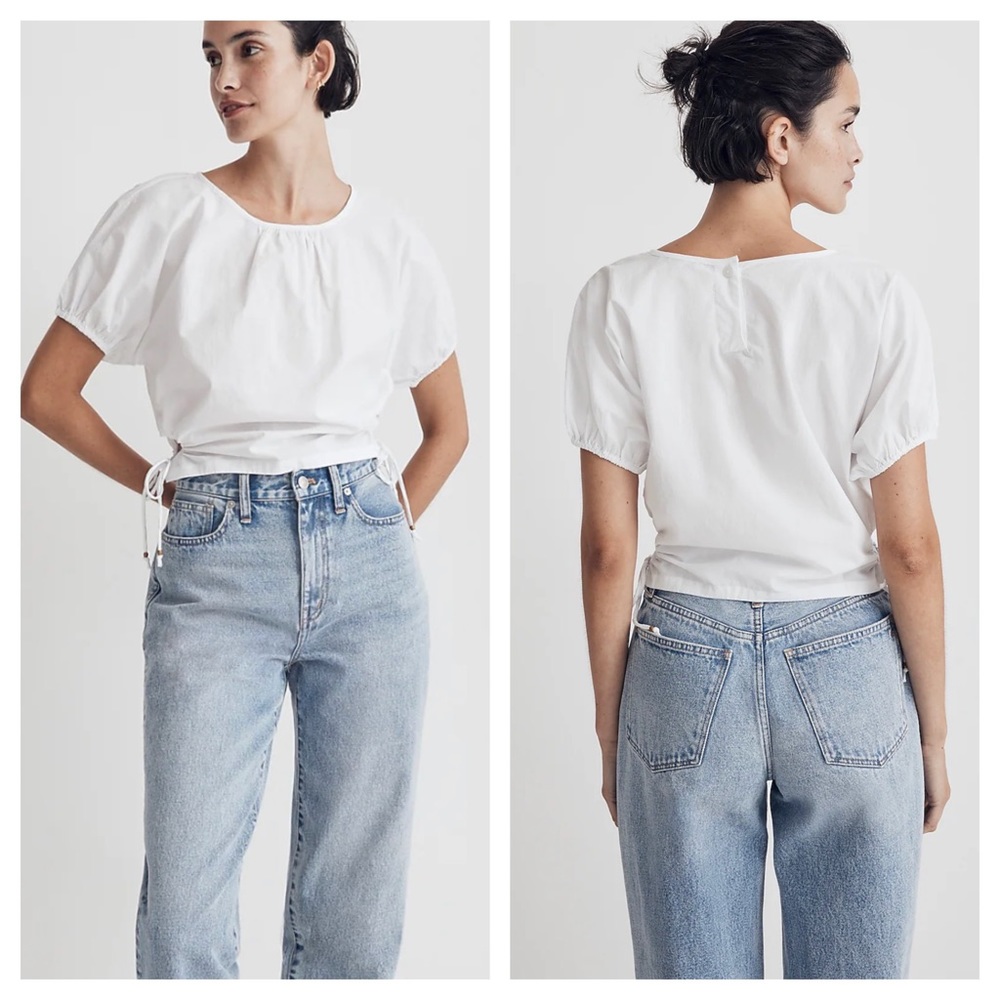 Madewell Embroidered Poplin Puff-Sleeve Cutout Crop Top